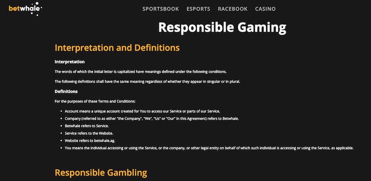 An image of the responsible gambling section at BetWhale, illustrating the importance of bankroll management in blackjack strategy.